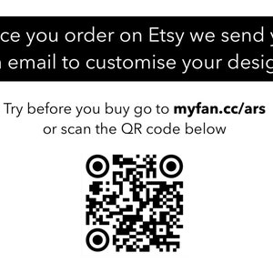 May include: Black and white QR code with the text "Try before you buy go to myfan.cc/ars or scan the QR code below".