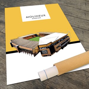 May include: A yellow poster with a black and white illustration of Molineux Stadium, a soccer stadium in Wolverhampton, England. The poster has the text "Molineux Stadium" in black.