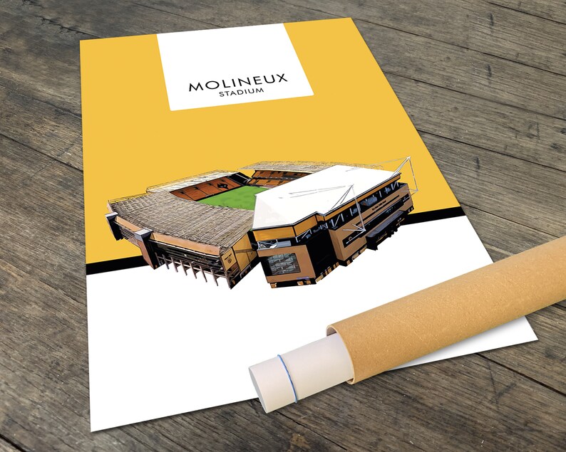 May include: A yellow poster with a black and white illustration of Molineux Stadium, a soccer stadium in Wolverhampton, England. The poster has the text "Molineux Stadium" in black.