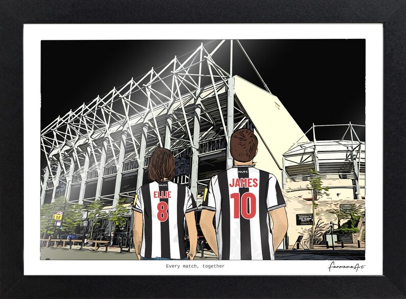 May include: A framed digital illustration showing two people from behind, wearing black and white striped soccer jerseys with the names ELLIE and JAMES and numbers 8 and 10. They stand before a large stadium at night. Text reads: Every match, together.