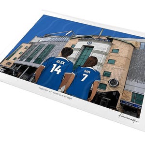 Personalised Chelsea A4 unframed print showing a couple at Stamford Bridge, with custom shirt names and numbers.