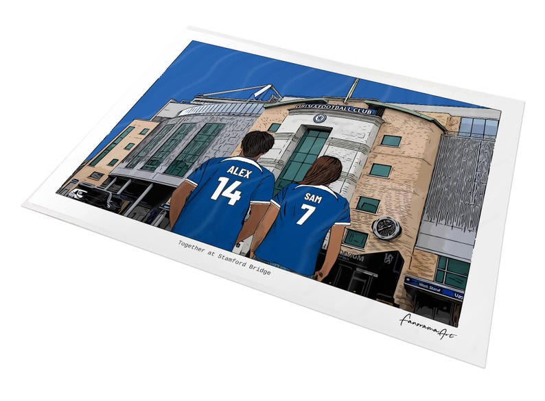 Personalised Chelsea A4 unframed print showing a couple at Stamford Bridge, with custom shirt names and numbers.