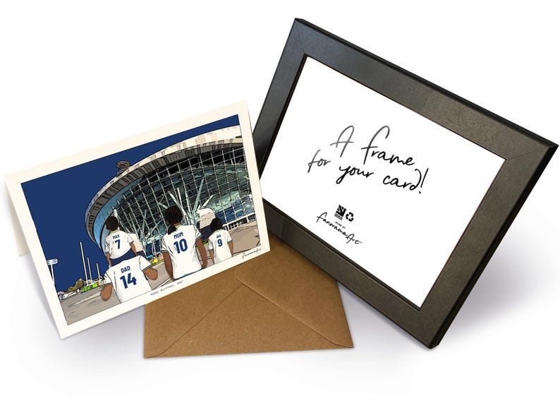 May include: A greeting card featuring an illustration of four people in white sports jerseys with numbers 7, 10, 9, and 14 standing before a stadium, a brown envelope, and a black frame with the text A frame for your card! and a logo.