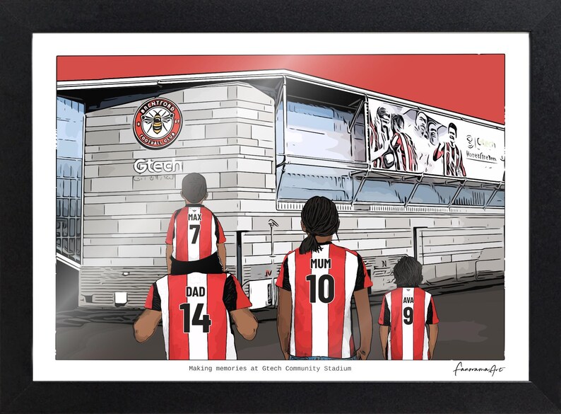 May include: A framed illustration of the Gtech Community Stadium featuring the Brentford Football Club logo. Four figures stand in front of the building wearing red and white striped jerseys with the names Max, Dad, Mum, and Ava printed on the back.