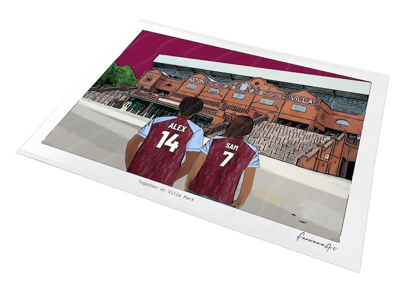 May include: A digital illustration print featuring two individuals wearing claret and blue soccer jerseys with the names ALEX 14 and SAM 7 on the back, standing before the Aston Villa stadium. The text Together at Villa Park is printed below.