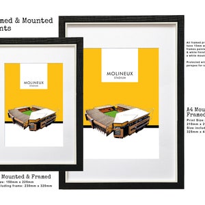 May include: Two framed prints of Molineux Stadium, a football stadium in Wolverhampton, England. The smaller print is 9x6 inches and the larger print is A4 size. Both prints are framed in black wood with a white mount and clear perspex.