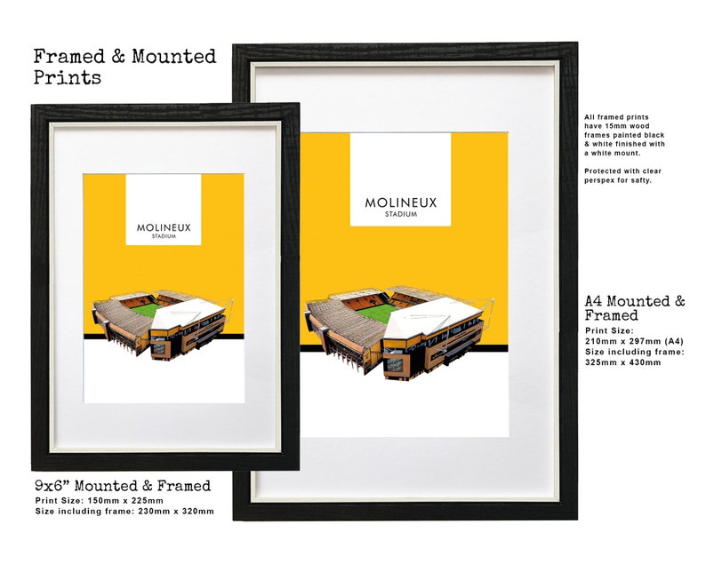 May include: Two framed prints of Molineux Stadium, a football stadium in Wolverhampton, England. The smaller print is 9x6 inches and the larger print is A4 size. Both prints are framed in black wood with a white mount and clear perspex.