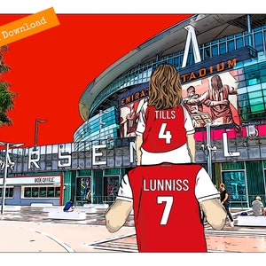 May include: A father and child wearing red and white Arsenal football jerseys with the names "Lunniss" and "Tills" on the back. The child is sitting on the father's shoulders. The Emirates Stadium is in the background.