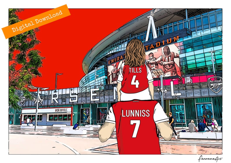 May include: A father and child wearing red and white Arsenal football jerseys with the names "Lunniss" and "Tills" on the back. The child is sitting on the father's shoulders. The Emirates Stadium is in the background.