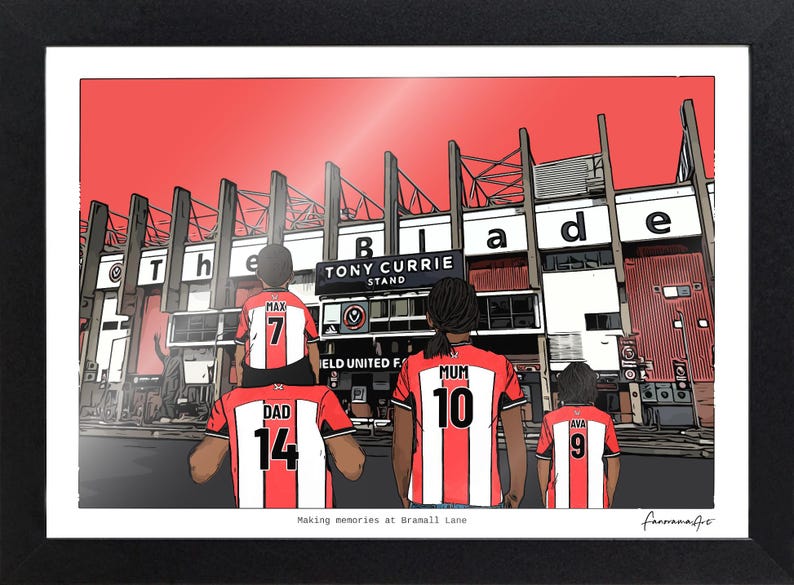 May include: A framed illustration of a family wearing red and white striped soccer jerseys with names and numbers on the back, standing before the Tony Currie Stand at Bramall Lane. The text reads 'The Blade', 'Tony Currie Stand', and 'Making memories at Bramall Lane'.