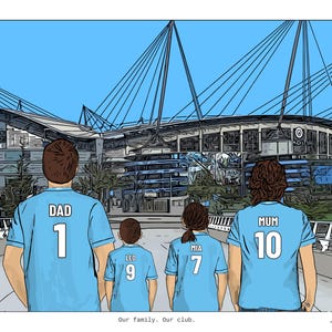 May include: A digital illustration of four people from behind, wearing light blue soccer jerseys with names and numbers: DAD 1, LEO 9, MIA 7, and MUM 10. They stand before a large stadium with a blue sky. The text Our family. Our club. is at the bottom.