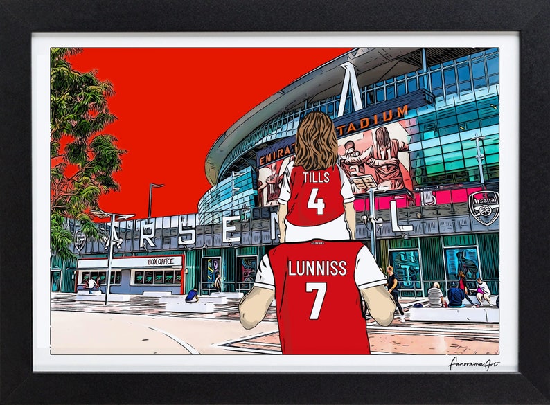 May include: A digital illustration of a father and child wearing Arsenal football jerseys. The child is on the father's shoulders. The Emirates Stadium is in the background. The jerseys have the names "Tills" and "Lunniss" on the back with the numbers 4 and 7.