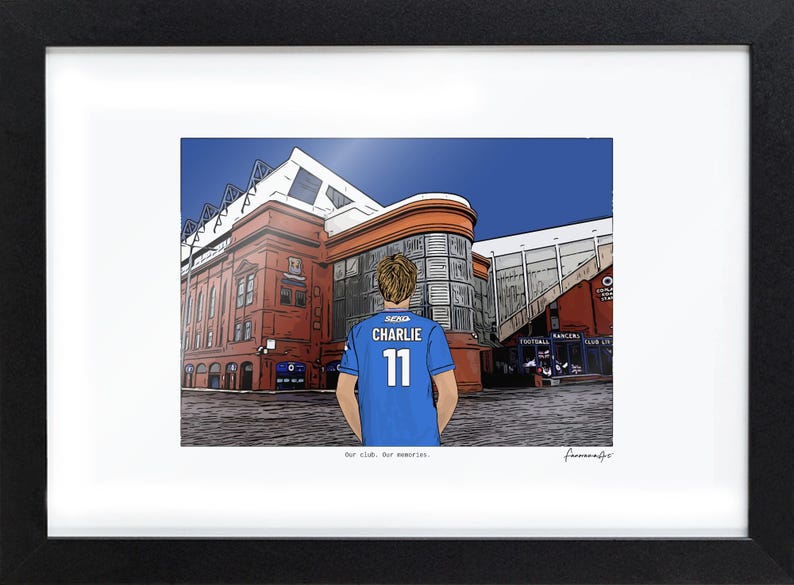May include: A framed digital illustration of a person wearing a blue jersey with the name CHARLIE and the number 11 on the back, standing before a large red brick stadium. The text Our club. Our memories. is printed below the illustration.