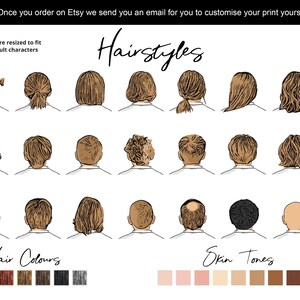 May include: A digital chart displaying various illustrated hairstyles, hair colors, and skin tones. The text includes "Hairstyles," "Hair Colours," and "Skin Tones." The illustrations show the back of heads with diverse hair lengths, textures, and styles.