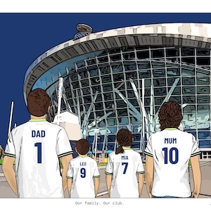 May include: A digital illustration of four people from behind, wearing white soccer jerseys with blue text and numbers. The jerseys read DAD 1, LEO 9, MIA 7, and MUM 10. They stand before a large, modern stadium with a glass facade. Text reads Our family. Our club.