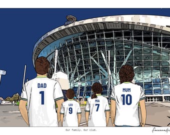 May include: A digital illustration of four people from behind, wearing white soccer jerseys with blue text and numbers. The jerseys read DAD 1, LEO 9, MIA 7, and MUM 10. They stand before a large, modern stadium with a glass facade. Text reads Our family. Our club.