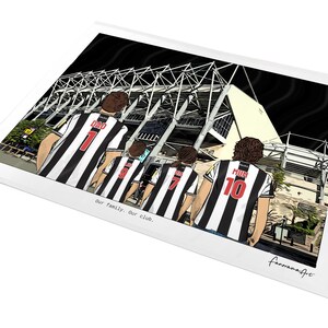 May include: A rectangular art print featuring a stylized illustration of four people from behind, wearing black and white striped soccer jerseys with the text DAD 1, 8, 7, and MUM 10. The text Our family. Our club. appears below the figures.
