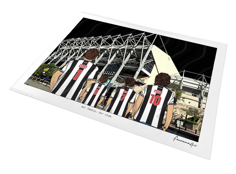 May include: A rectangular art print featuring a stylized illustration of four people from behind, wearing black and white striped soccer jerseys with the text DAD 1, 8, 7, and MUM 10. The text Our family. Our club. appears below the figures.