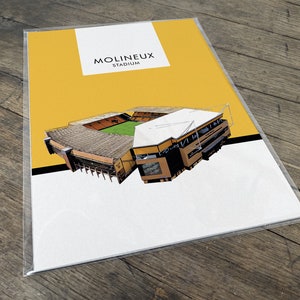 May include: A yellow and white print of Molineux Stadium, a football stadium in Wolverhampton, England. The stadium is depicted in a stylized, isometric view. The text "MOLINEUX STADIUM" is printed in black at the top of the print.