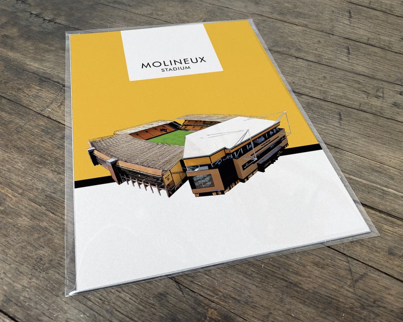 May include: A yellow and white print of Molineux Stadium, a football stadium in Wolverhampton, England. The stadium is depicted in a stylized, isometric view. The text "MOLINEUX STADIUM" is printed in black at the top of the print.
