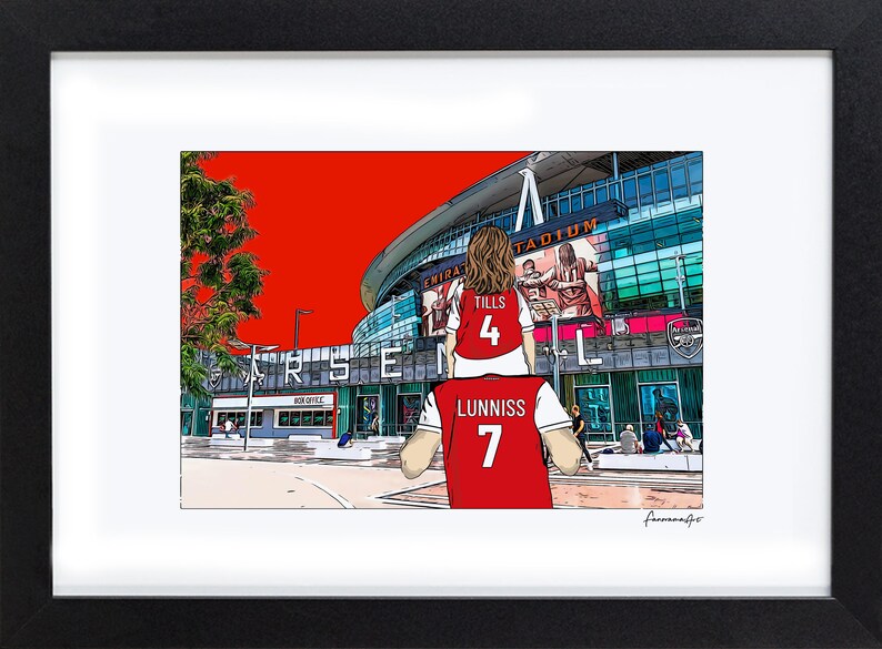 May include: A digital illustration of a father and daughter wearing red Arsenal soccer jerseys with the names "Lunniss" and "Tills" on the back. The daughter is sitting on the father's shoulders. The Emirates Stadium is in the background.