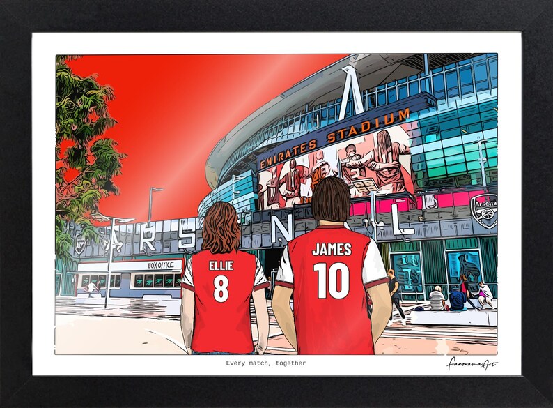 Personalised Arsenal couple print in a black landscape frame, with Ellie 8 and James 10 in red shirts facing the Emirates Stadium.