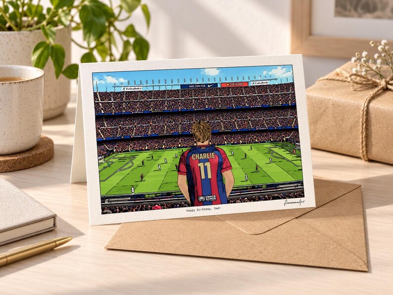 May include: A rectangular greeting card featuring a colorful illustration of a soccer player wearing a red and blue jersey with the name CHARLIE and number 11 on the back, standing in a stadium. The text Happy Birthday, Dad is printed below.