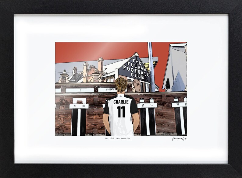 May include: A framed illustration of a person wearing a white and black jersey with the name CHARLIE and number 11 on the back, standing before The Fulham Football Club stadium building with a red sky and brick architecture.