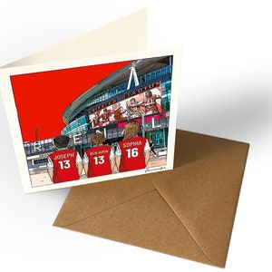 May include: A greeting card featuring a cartoon illustration of three people wearing red and white soccer jerseys with the names "Joseph", "Benjamin", and "Sophia" and the numbers "13" and "16" on the back. The people are standing in front of the Emirates Stadium in London, England. The stadium's large screen shows a soccer game in progress.