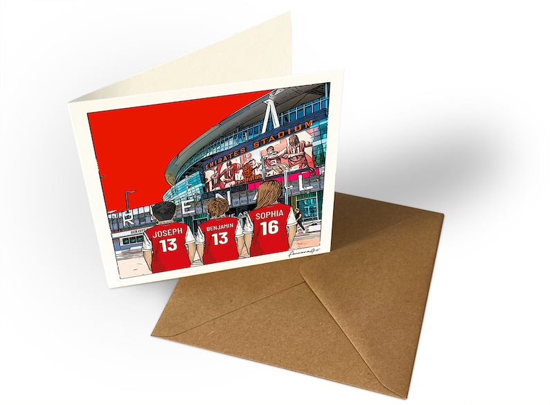 May include: A greeting card featuring a cartoon illustration of three people wearing red and white soccer jerseys with the names "Joseph", "Benjamin", and "Sophia" and the numbers "13" and "16" on the back. The people are standing in front of the Emirates Stadium in London, England. The stadium's large screen shows a soccer game in progress.