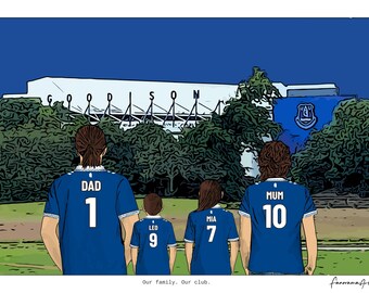 May include: A digital illustration of four people from behind wearing blue soccer jerseys with white text and numbers. The jerseys read DAD 1, LEO 9, MIA 7, and MUM 10. In the background is a stadium with the text GOODISON and an Everton crest.