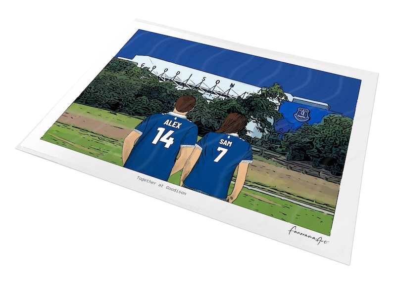 Personalised Everton Goodison Park A4 unframed print showing Alex and Sam in blue shirts with custom names, numbers and the message Together at Goodison.