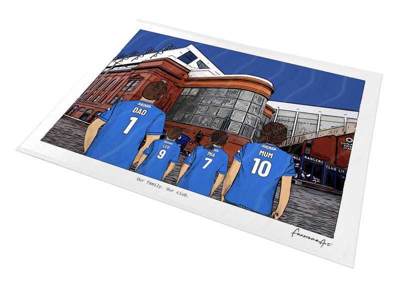 May include: A digital illustration print featuring four individuals wearing blue soccer jerseys with the names DAD, LEO, MIA, and MUM and numbers 1, 9, 7, and 10 on the back. They stand before a large stadium. The text reads Our family. Our club.