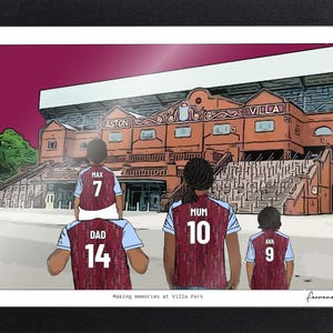 May include: A framed illustration of a family wearing claret and blue soccer jerseys with names and numbers on the back, standing before the Aston Villa stadium. The text reads 'Making memories at Villa Park' and 'fanoramaArt' in the corners.