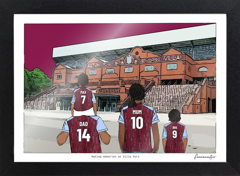 May include: A framed illustration of a family wearing claret and blue soccer jerseys with names and numbers on the back, standing before the Aston Villa stadium. The text reads 'Making memories at Villa Park' and 'fanoramaArt' in the corners.