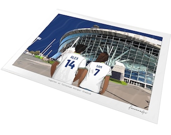 May include: A digital illustration print showing two individuals from behind wearing white jerseys with the names ALEX 14 and SAM 7, standing before the Tottenham Hotspur Stadium. The text reads Together at Tottenham Hotspur Stadium.