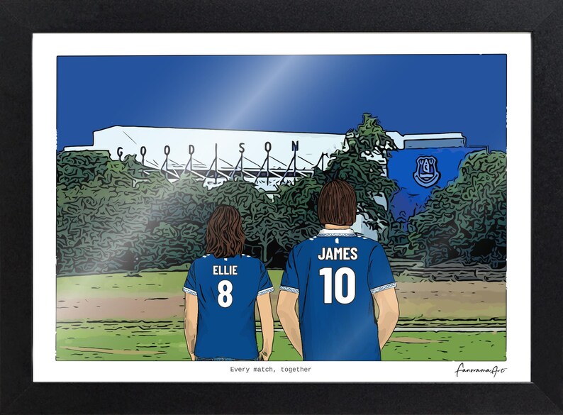 Personalised Everton A4 print in a black landscape frame, showing Ellie and James with custom shirt names and numbers.