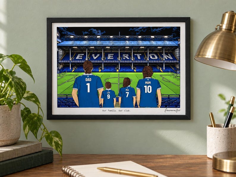 AI-created study mockup of an example Everton A4 framed print using the Pitch Side at Night background.