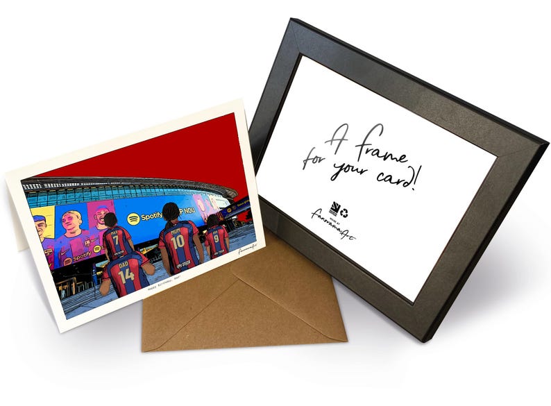 May include: A greeting card featuring a colorful illustration of soccer players in blue and red jerseys standing before a stadium with a Spotify logo, accompanied by a brown envelope and a black picture frame with the text A frame for your card.