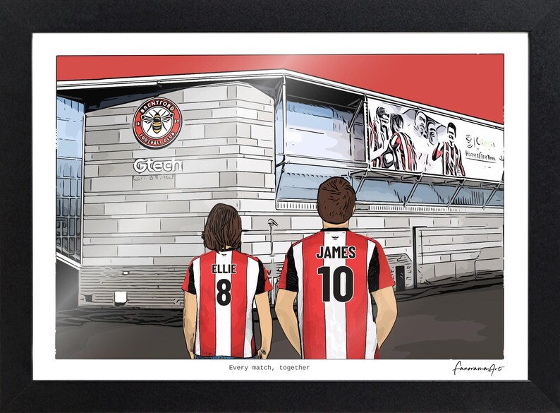May include: A framed illustration of two individuals wearing red and white striped football shirts with the names Ellie and James and numbers 8 and 10 on the back. They stand before the Gtech Community Stadium with the Brentford FC logo visible.