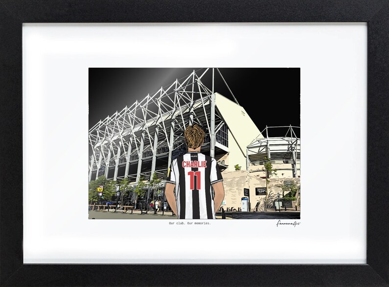May include: A framed illustration of a person seen from behind, wearing a black and white striped jersey with the name CHARLIE and the number 11 in red. The person faces a large stadium structure. The text Our club. Our memories. is printed below.