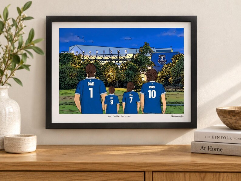 AI-created wall mockup of an example Everton A4 framed print using the Stadium at Night background.