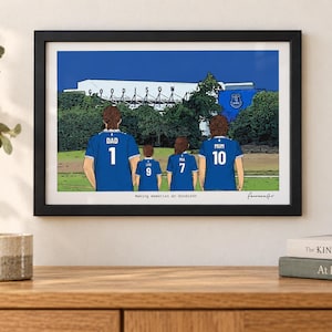 AI-created room mockup showing an example Everton A4 framed family print above an oak console. Decorative props are not included.