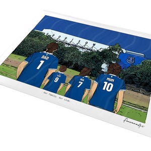 Personalised Everton A3 unframed family print at Goodison Park with Dad, Leo, Mia and Mum in blue shirts.