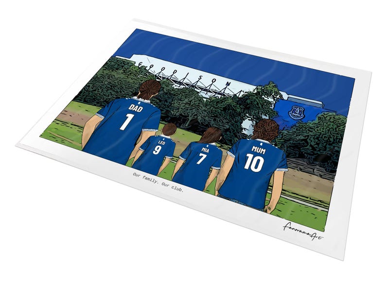 Personalised Everton A3 unframed family print at Goodison Park with Dad, Leo, Mia and Mum in blue shirts.