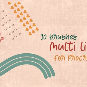 Può includere: Un'illustrazione digitale di 10 pennelli multi-linea per Procreate. L'immagine presenta uno sfondo rosa con una linea ondulata blu-verde, cuori arancioni e uno schema geometrico rosso e bianco.