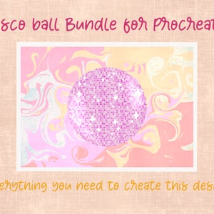 May include: A pink and white swirl background with a purple disco ball in the center. The text "Disco ball Bundle for Procreate" is at the top of the image and the text "Everything you need to create this design" is at the bottom of the image.