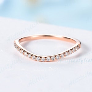 Unique Stacking Ring Matching Anniversary Gift Ring Curved Wedding Band Art Deco Ring Delicate Dainty Promise Moissanite Wedding Band