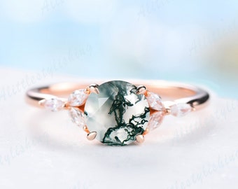 Vintage Round Cut Moss Agate Engagement Ring Dainty Moss Agate Promise Ring 14K solid Rose gold Unique 7 Stone Ring Marquise Moissanite Ring