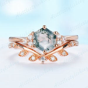 Leaf moss agate engagement ring set gemstone wedding ring set art deco wedding band stack promise rings for woman rose gold jewelry gift